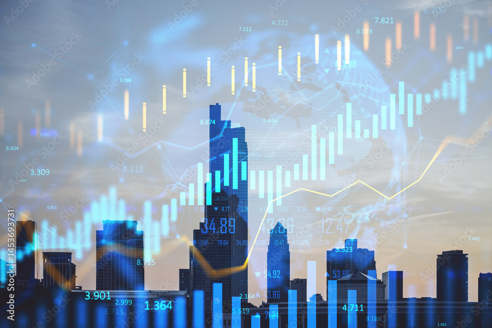 Poster financial data charts and graphs overlaying modern city skyline during sunset, conceptual business b