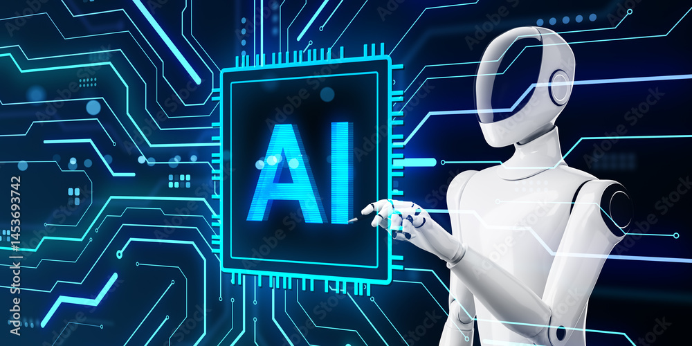 Leinwandbilder Futuristic humanoid robot interacting with AI microchip symbol on digital circuit background, representing machine learning and artificial intelligence. 3D Rendering