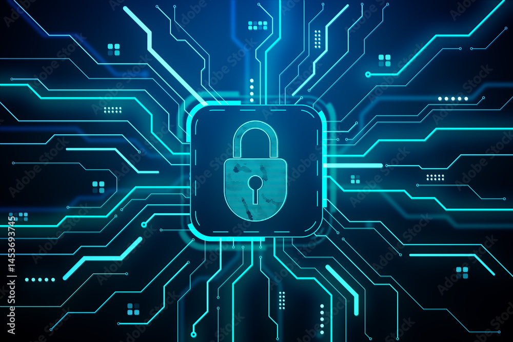 Aufkleber digital padlock icon glowing on a neon circuit background with blue data lines representing cyber se