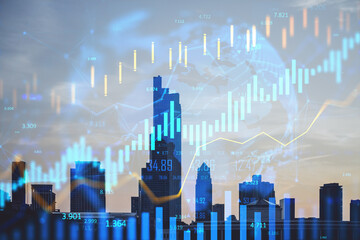 Financial data charts and graphs overlaying modern city skyline during sunset, conceptual business background with light effects and global design elements.