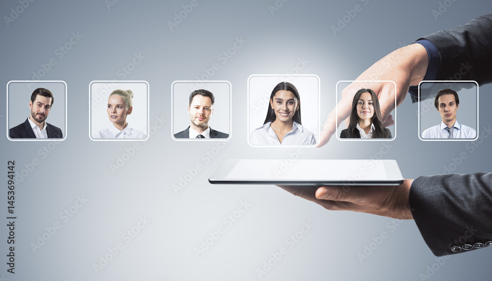 Aufkleber businessperson using tablet to select digital profiles of professionals in virtual network on light 