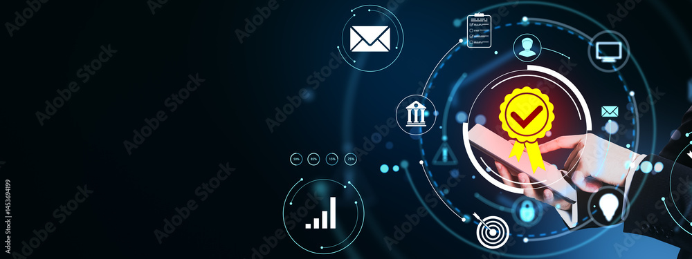 Poster Business person using tablet with digital interface for certification and data analysis on dark background with glowing light elements.