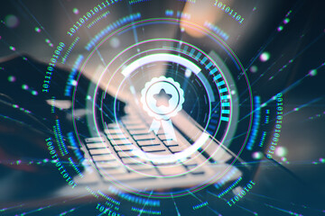 Digital certification icon over keyboard with futuristic interface and binary code on dark...