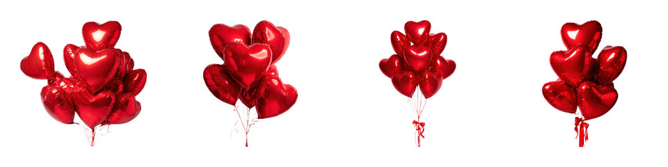 Shiny red heart-shaped balloons grouped together.