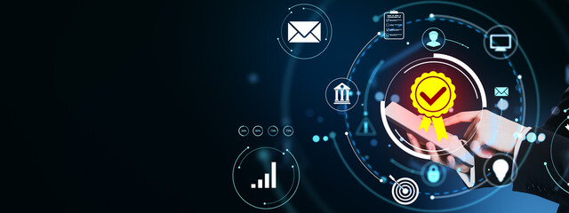Obraz premium Business person using tablet with digital interface for certification and data analysis on dark background with glowing light elements.