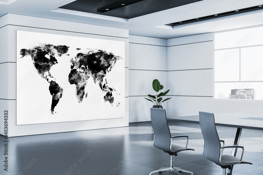 Poster modern corporate conference room with black and white abstract world map on wall and natural light f