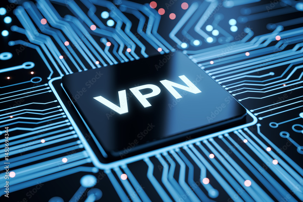 Aufkleber vpn symbol on futuristic black button integrated into glowing circuit board representing cyber secur