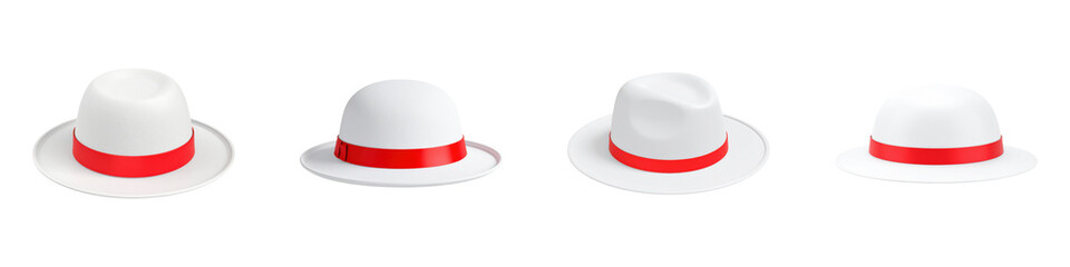 White hats with red bands displayed in a row, each shown from a different angle.