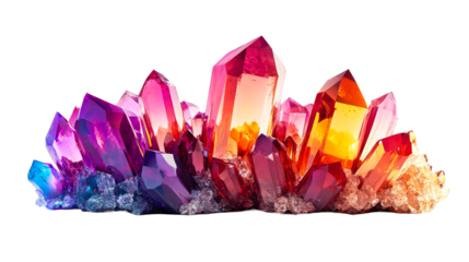 Cluster of vibrant colorful crystal quartz minerals, cut out transparent