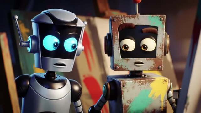 Two animated robots engage in a lively discussion about art amidst colorful paintings in a vibrant studio. Their expressions reflect curiosity and creativity as they explore artistic ideas.