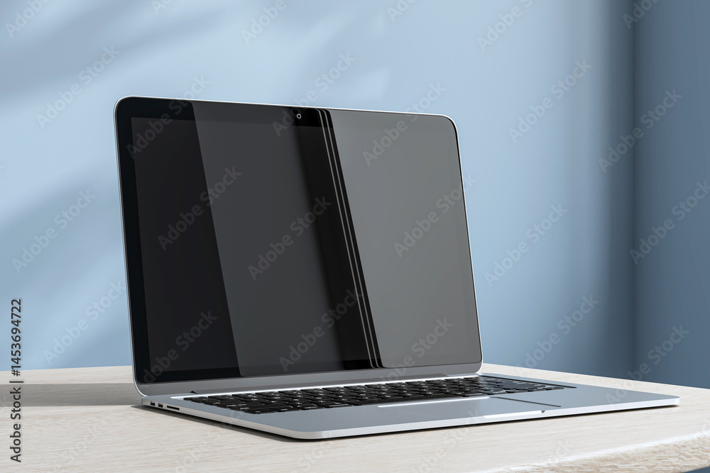 Poster sleek modern laptop on light wooden desk with blank screen in minimalist office setting under soft n