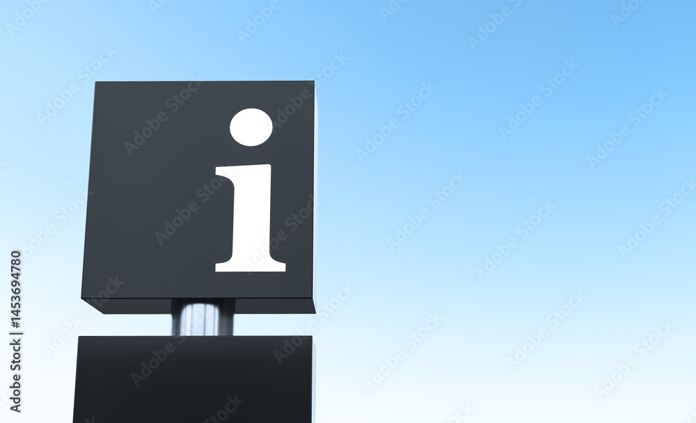 Poster information icon signage on black pillar against clear blue sky background with minimalistic modern 
