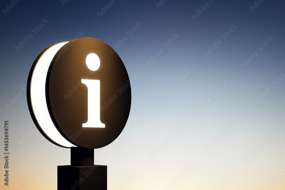 Poster Glowing information symbol sign on black circular background with gradient sky, representing modern signage and communication concept. 3D Rendering