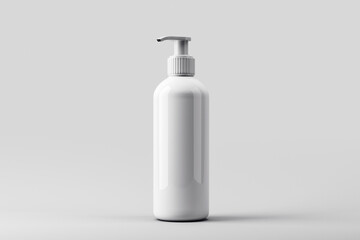 Blank white pump bottle mockup standing upright on light background for product branding and design presentation template purposes. 3D Rendering