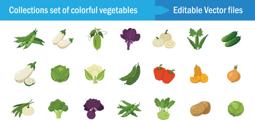 Colorful Vegetable Vector Icons Set – Fresh Farm Food Collection, Editable Flat Design for Healthy Eating and Organic Market .