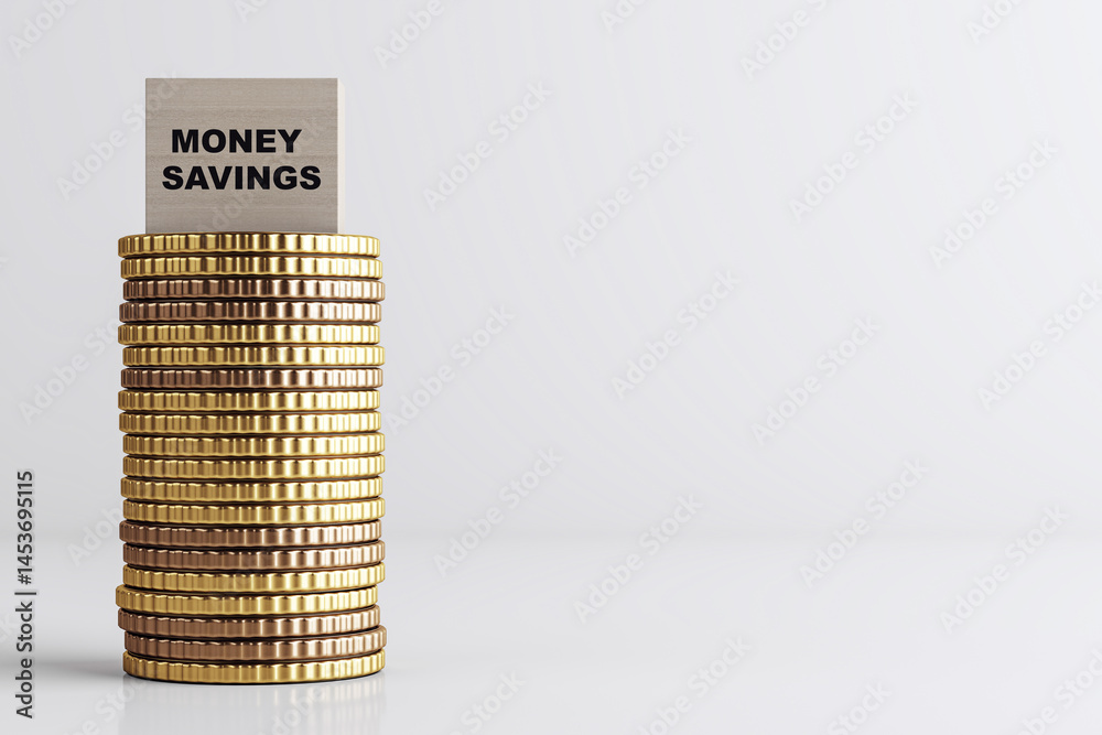 Poster stack of gold and bronze coins with a wooden block labeled 