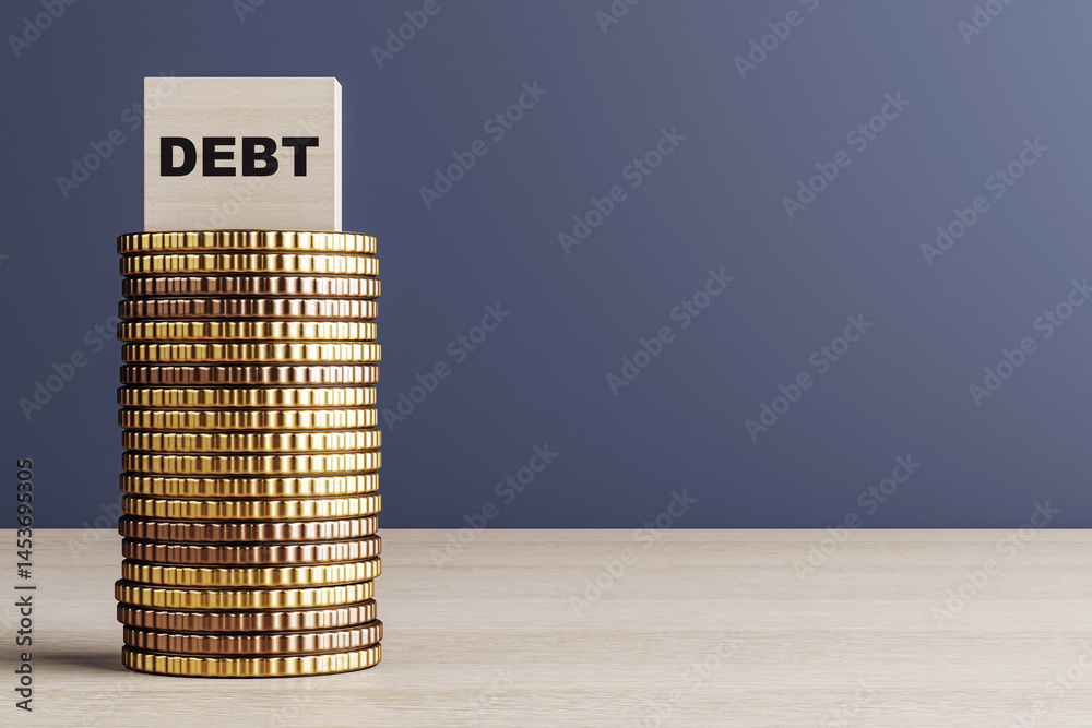 Aufkleber Stack of gold coins with a wooden block labeled debt on a wooden tabletop against dark background, symbolizing financial burden and credit issues. 3D Rendering
