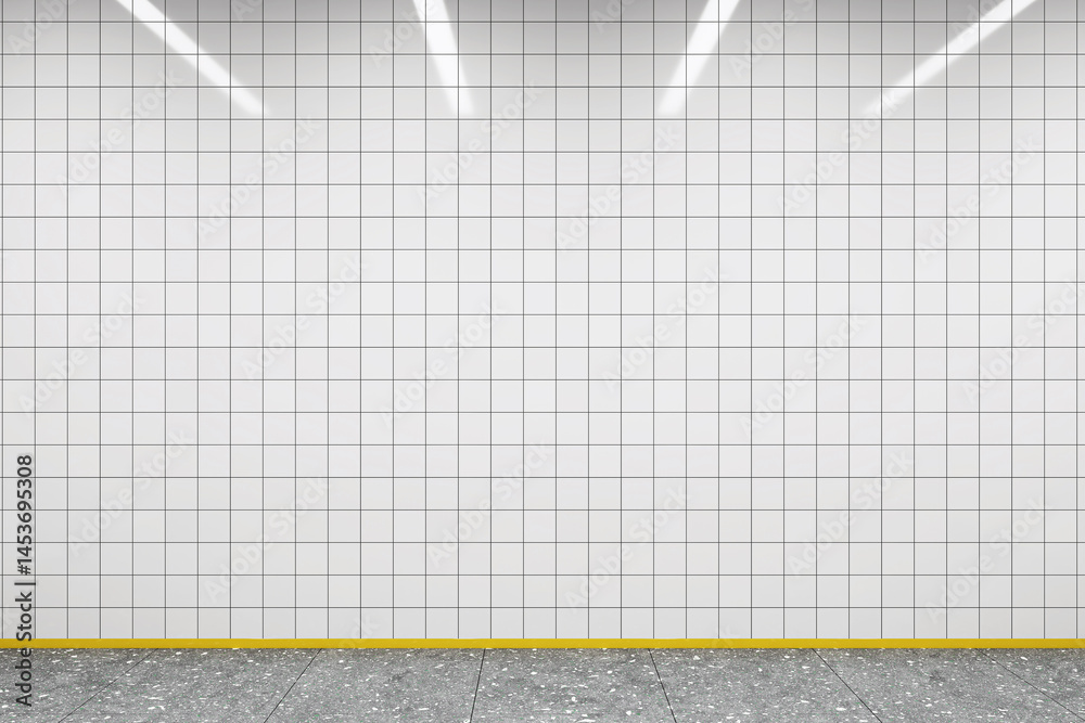 Poster Blank tiled wall with overhead lights in subway station interior, empty space for poster mockup or branding design concept. 3D Rendering. 3D Rendering