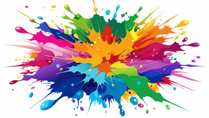 A vibrant and energetic display of colorful paint splashes against a stark white background