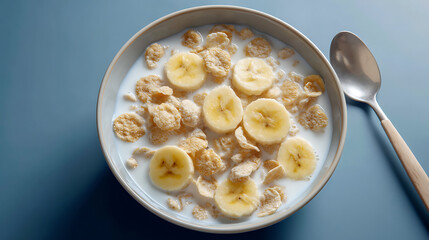 Delicious bowl of cereal topped with banana slices and milk with a silver spoon on a blue table