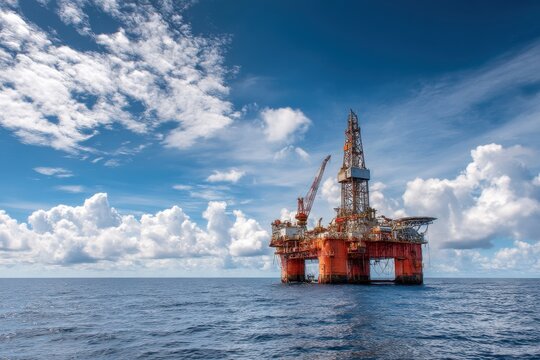 A stunning image of modern offshore oil rig standing tall against a backdrop of blue sky and fluffy clouds, showcasing engineering and innovation.