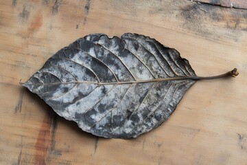 Close-up of a dry, textured leaf resting on a wooden surface with a natural background