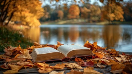 Open book resting on wooden surface, surrounded by autumn leaves, with a serene lake and trees in the background