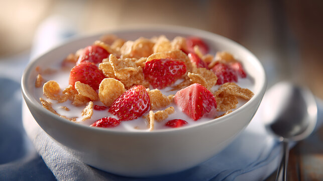 A bowl of cereal with fresh strawberries and milk for a healthy and tasty breakfast option today