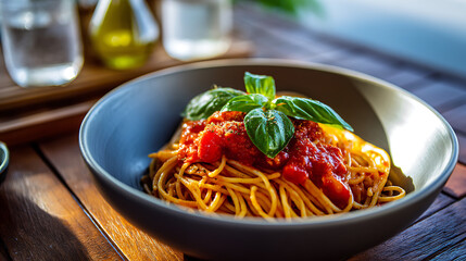 Delicious spaghetti with tomato sauce and fresh basil leaves served in a ceramic bowl on a wooden table