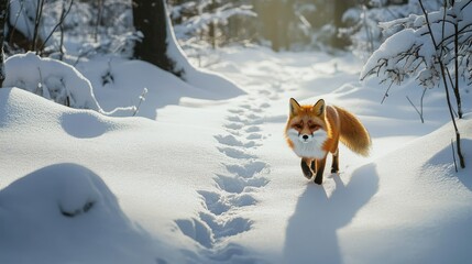 Winter fox trail through snowy forest.