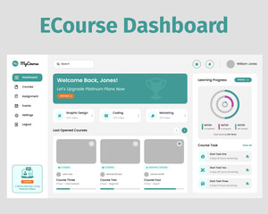 Ecourse Dashboard Design UI Kit. Suitable for ecourse, learning and education purpose