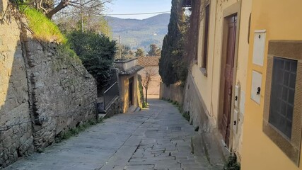 Explore the lovely hillside street, showcasing unique architecture and serene landscapes. Ideal for travel videos or relaxation purposes, inviting nature lovers and adventurers.