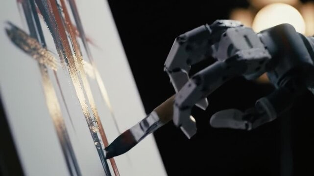A robotic arm skillfully paints on a canvas, showcasing impressive precision and creativity in a modern art studio. This innovative machine is transforming the world of art.