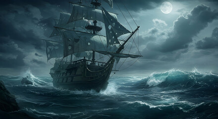 Dark and Mysterious Ship Sailing Through Stormy Ocean Night