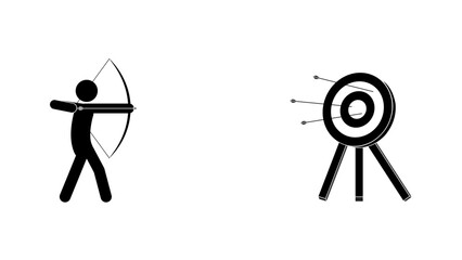 Archery stick figure with target, isolated on white background. Flat style, vector illustration.