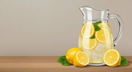 Fototapeta premium Refreshing Lemonade in Glass Pitcher with Slices and Leaves