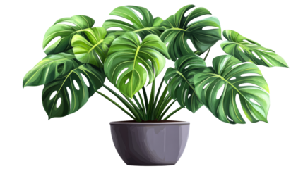 Monstera houseplant in gray pot, cut out transparent