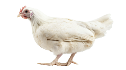 Full body of white hen, domestic fowl, bird isolated, cut out transparent