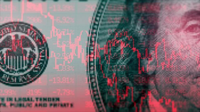American bear stock market trading graph in red color. United States 100 dollars bill on background. Economic falling. Effect of recession and crisis on US economy. Stocks crash. Exchange loss trading