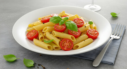 Fresh Pasta Dish with Cherry Tomatoes and Basil on Table Setting