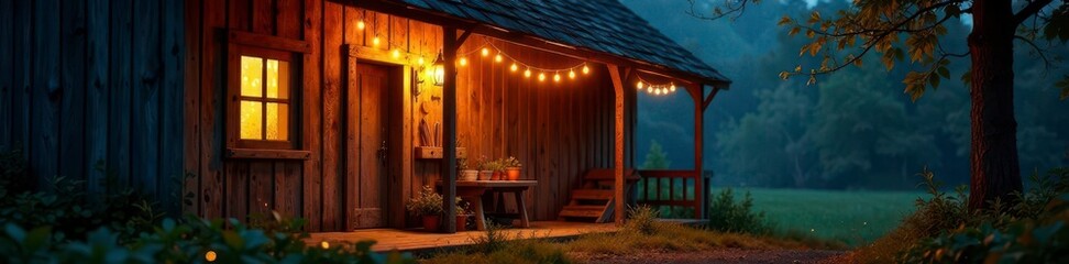Charming barn,fairy lights twinkling against weathered wood, detail, decor, rustic
