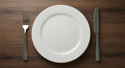 Empty Plate and Cutlery on Wooden Table Ready for a Meal Setup