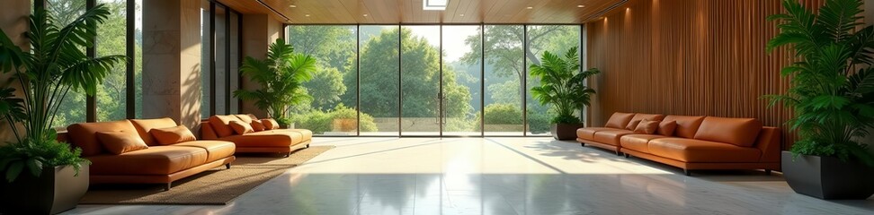 Naklejka premium Expansive lobby, ample seating, lush greenery , welcoming, bright, seating