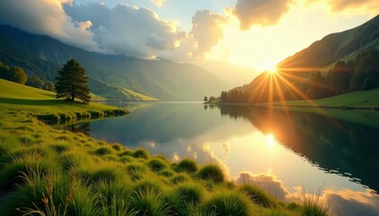 Golden light bathes tranquil lake & grassy hills , yellow, calm, tranquil