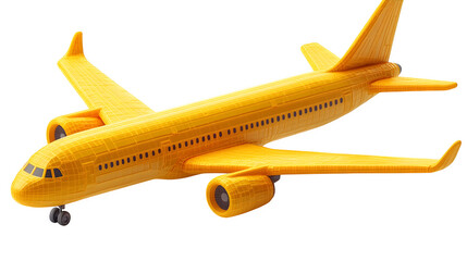 Plane icon in yellow plastic, aircraft theme, 3D cartoon rendering, white background