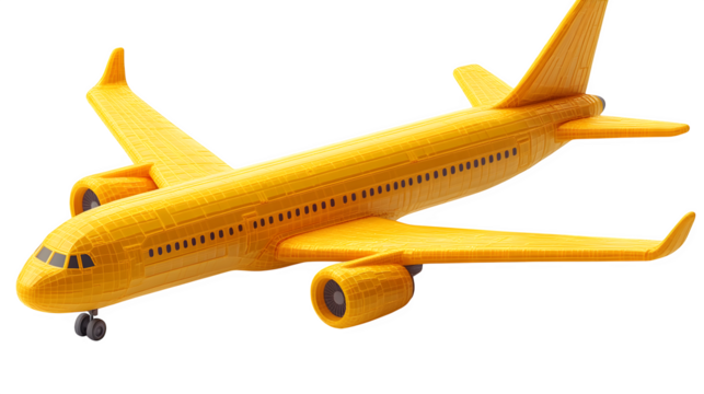 Plane icon in yellow plastic, aircraft theme, 3D cartoon rendering, white background
