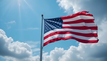 Obraz premium A vibrant image of the American flag, billowing in the wind against a clear blue sky dotted with fluffy white clouds.