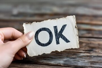 Woman holding paper displaying handwritten ok signal, signaling positive agreement and validation against clean white background