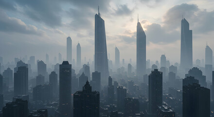 Fototapeta premium Modern Urban Skyline with Tall Buildings and Dramatic Cloudy Sky