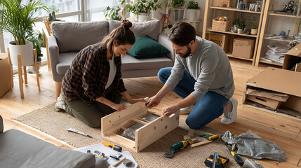 Couple assembling a wooden furniture piece in a cozy living room filled with plants and natural light
